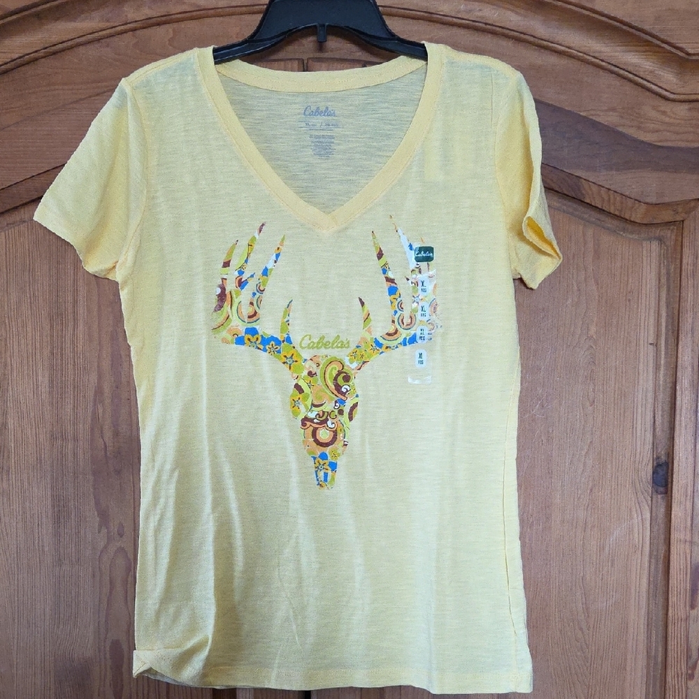 Women's XL Yellow Southwestern Short Sleeve Tee T-Shirt Deer Skull NWT
